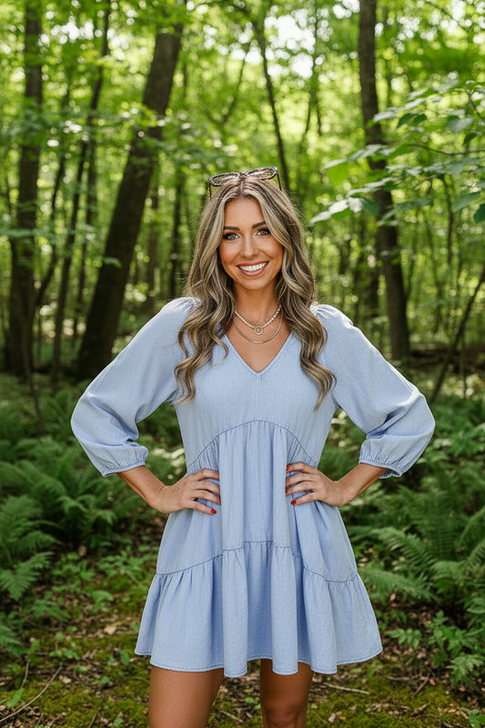 Beau Blue Puff Sleeve V Neck Tiered Ruffled Chambray Mini Dress