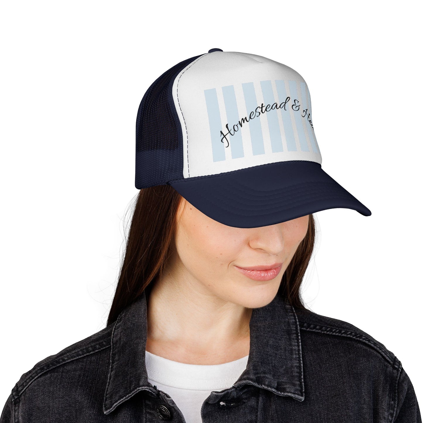 Trucker Cap — "Homestead & Heart" Vintage Stripe Farm Hat.