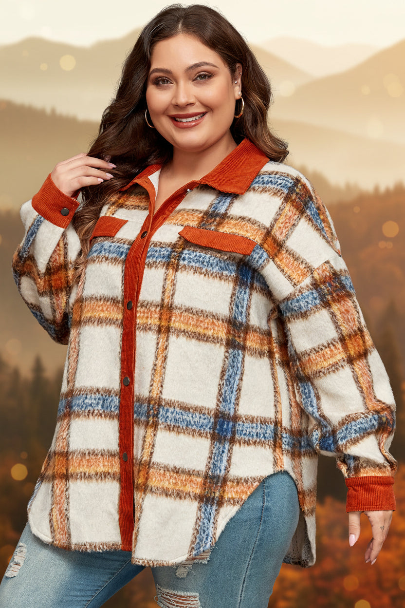Brown Stripe Plus Size Plaid Print Collared Buttoned Jacket