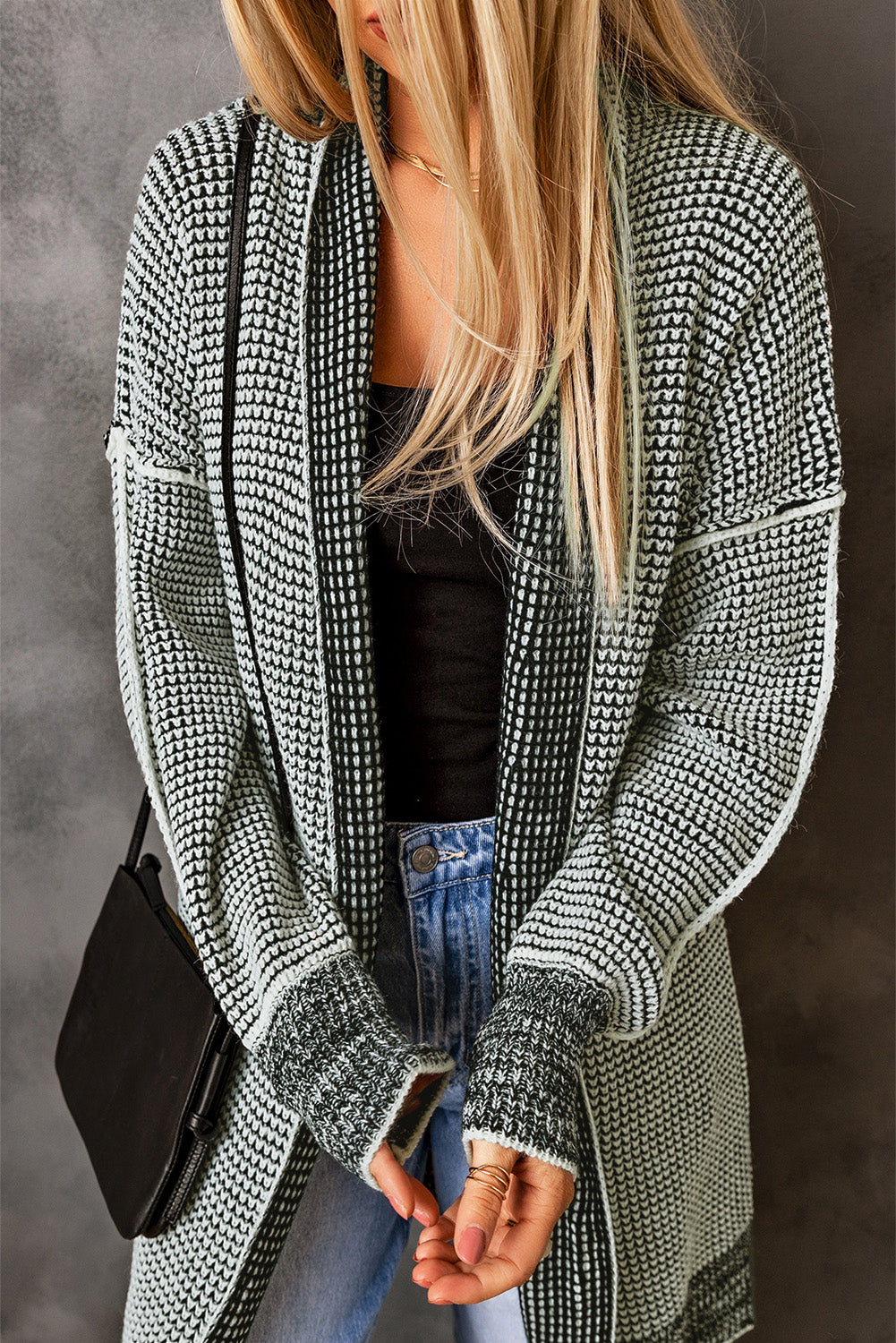 Navy Blue/Black Plaid Knitted Long Open Front Cardigan