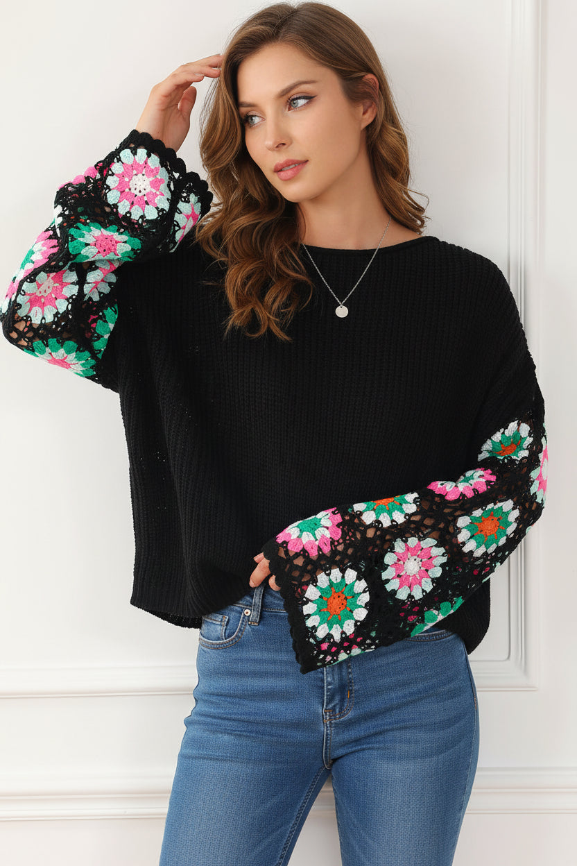 Black Floral Crochet Bell Sleeve Loose Sweater