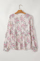 Pink Floral Print Pleated U Neck Loose Fit Blouse