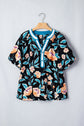 Floral Bubble Sleeve Buttoned Notch Neck Blouse