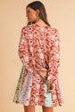 Red Colorful Floral Patchwork Long Sleeve Pleated Mini Dress