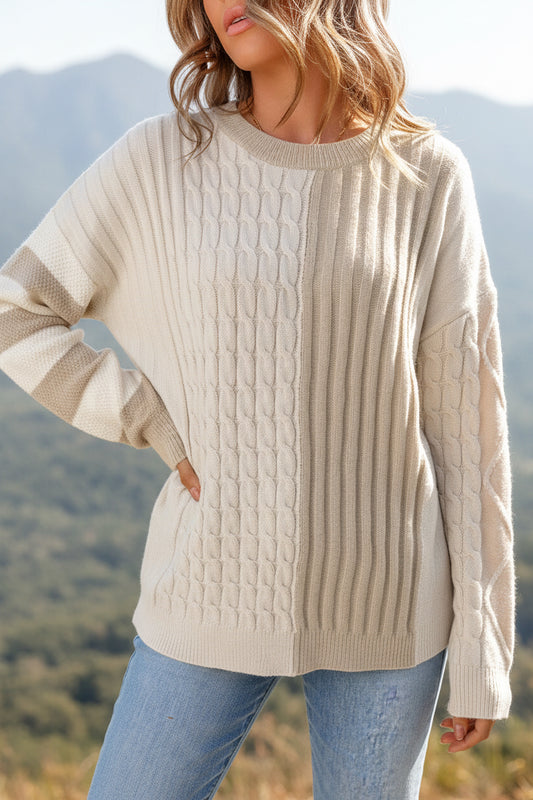 Khaki Cable Knit Colorblock Crew Neck Drop Shoulder Sweater