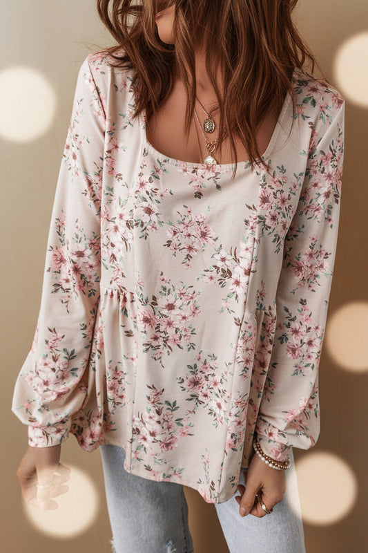 Pink Floral Print Pleated U Neck Loose Fit Blouse