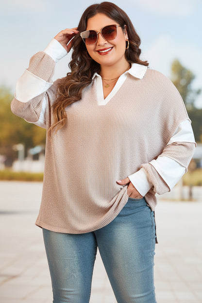 Parchment Corded Colorblock Long Sleeve Slit V Neck Plus Top