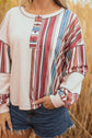 Stripe Waffle Knit Patchwork Raw Edge Henley Top