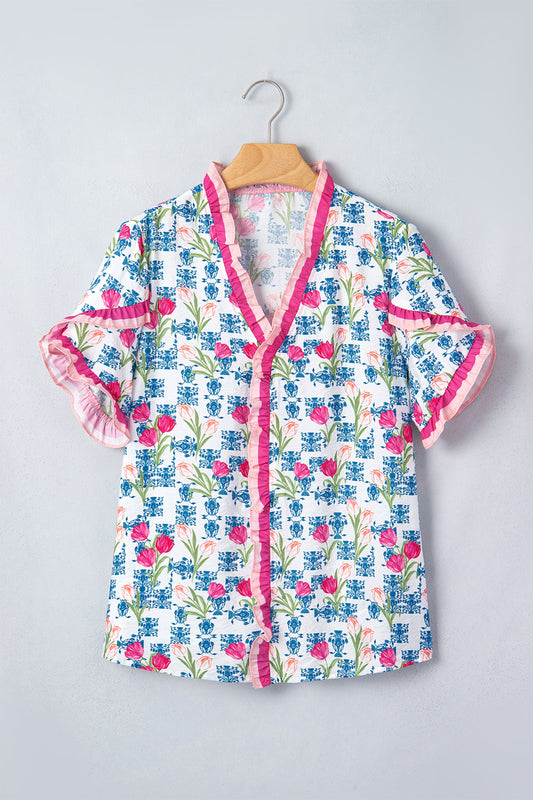 Floral Ruffle V-Neck Short Sleeve Tunic Shirt