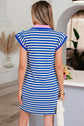 Dark Blue Stripe Print Contrast Collar Split Neck Flutter Sleeve Short Dress