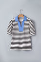 Black Stripe Short Puff Sleeve Color Block Polo Collar Blouse