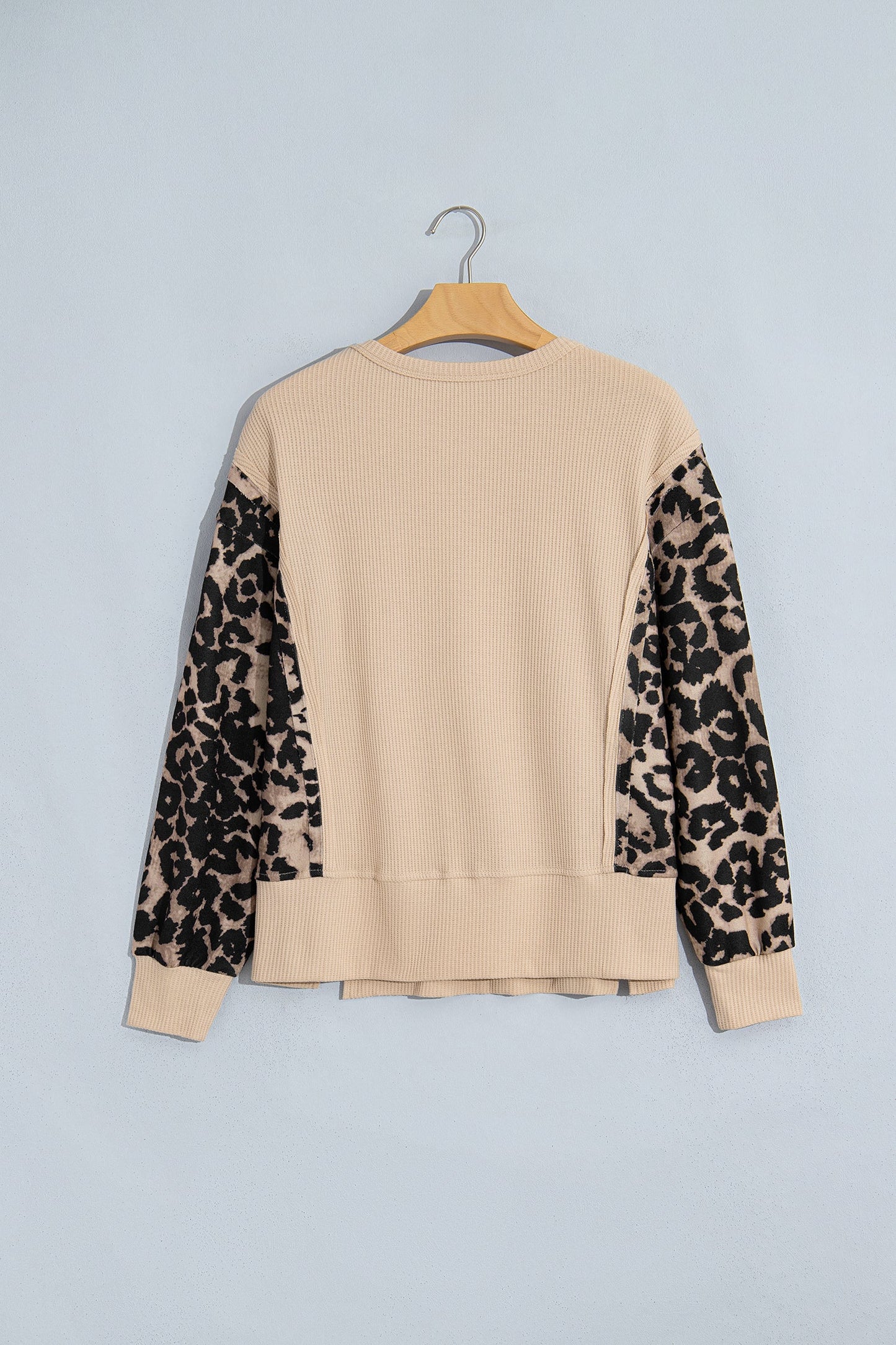 Leopard Ribbed Trim Waffle Knit Split Hem Sweater