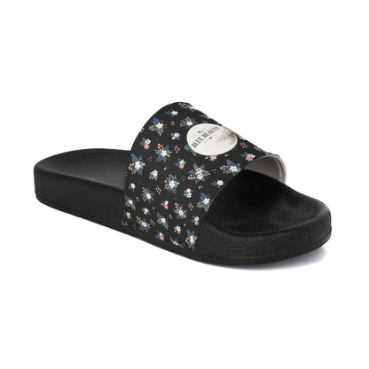 Floral Black Slide Sandals — LOGO Accent