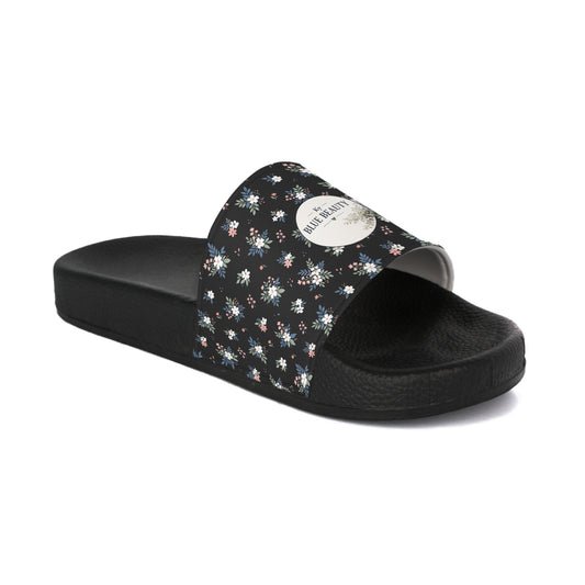 Floral Black Slide Sandals — LOGO Accent