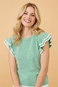 Stripe Twill Ruffle Lace Short Sleeve Blouse