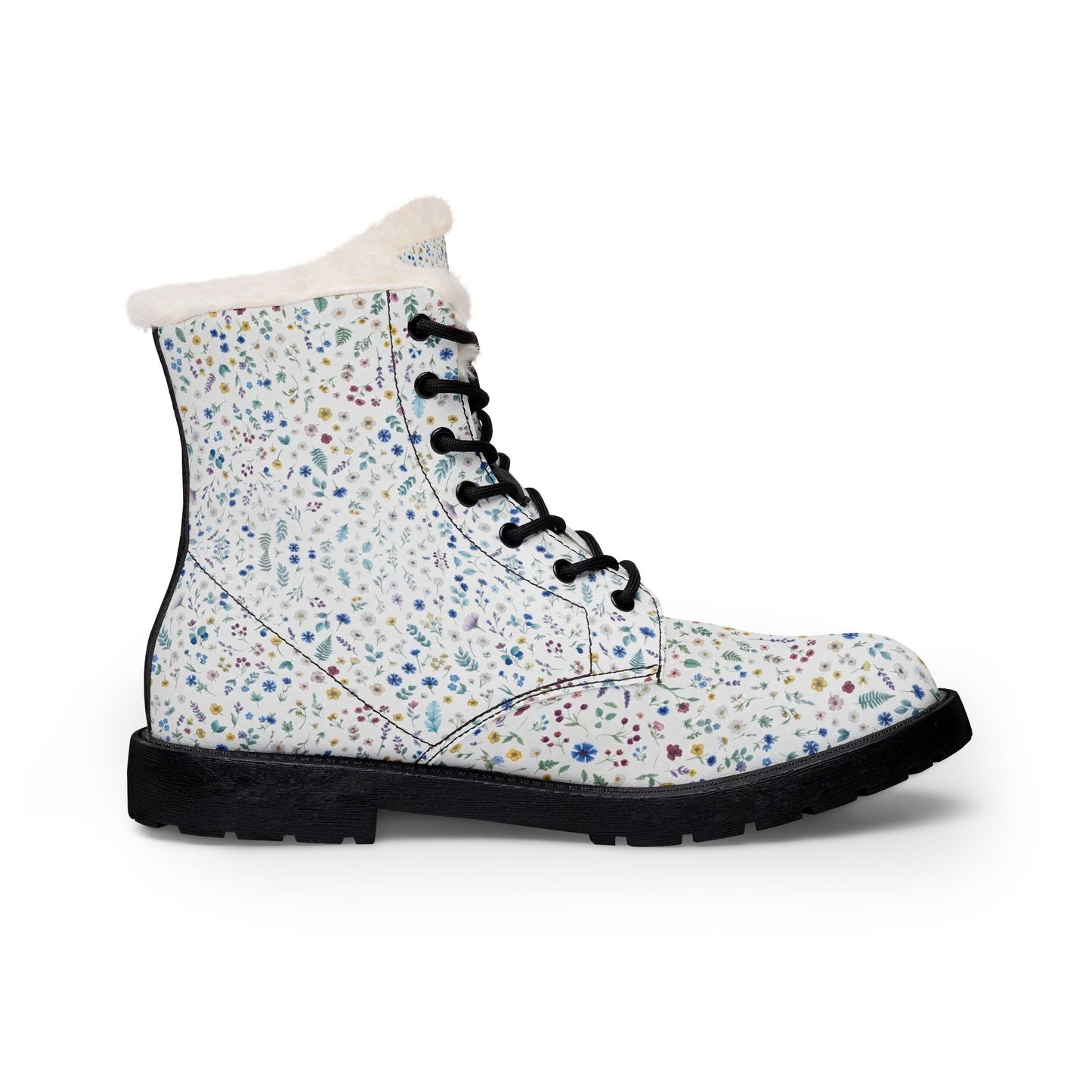 Floral Fur-Lined Leather Boots — Women's Cozy Winter Lace-Up Boots