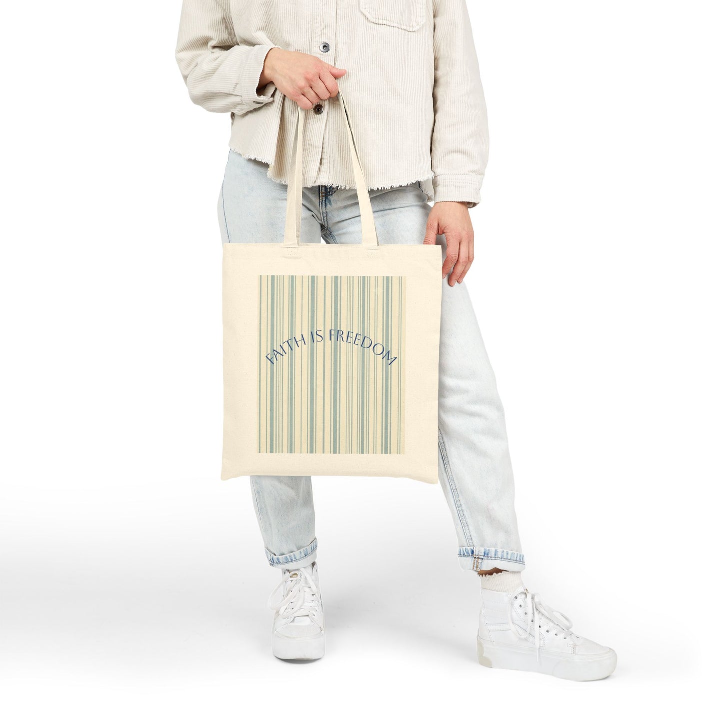 Faith Is Freedom Cotton Canvas Tote — Striped Inspirational Eco Bag
