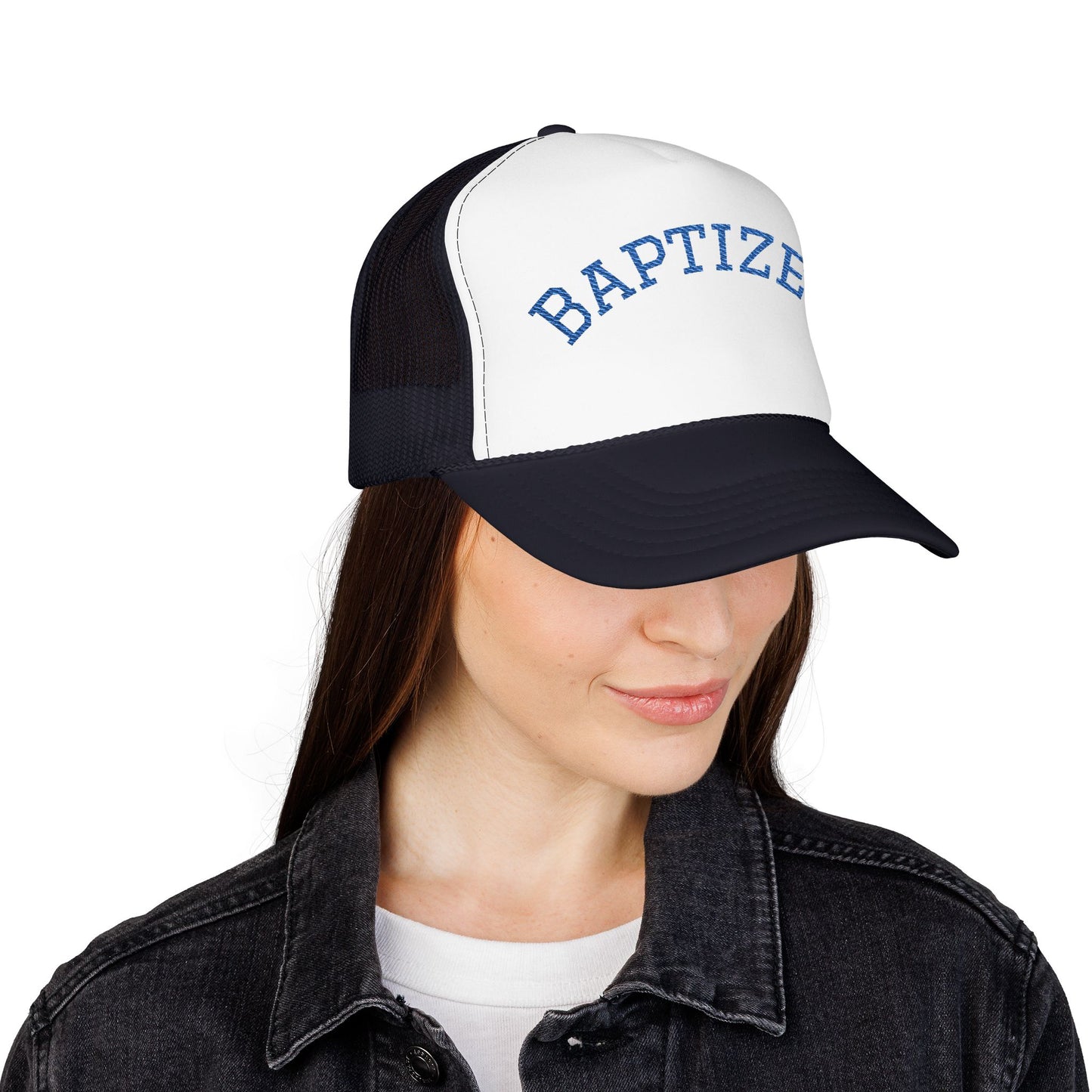 Baptized Foam Trucker Hat — Navy Mesh Christian Cap