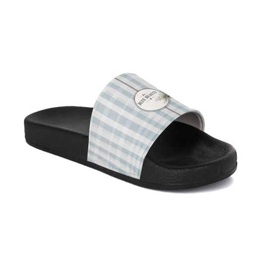 Slide Sandals — Blue Gingham Logo Women’s Pool Slides