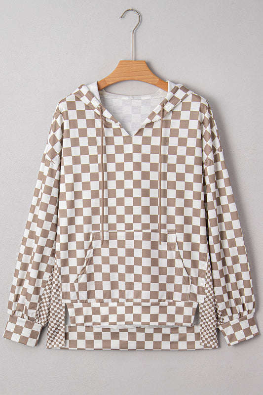 Checker Patchwork Tie Neck Oversized Hoodie