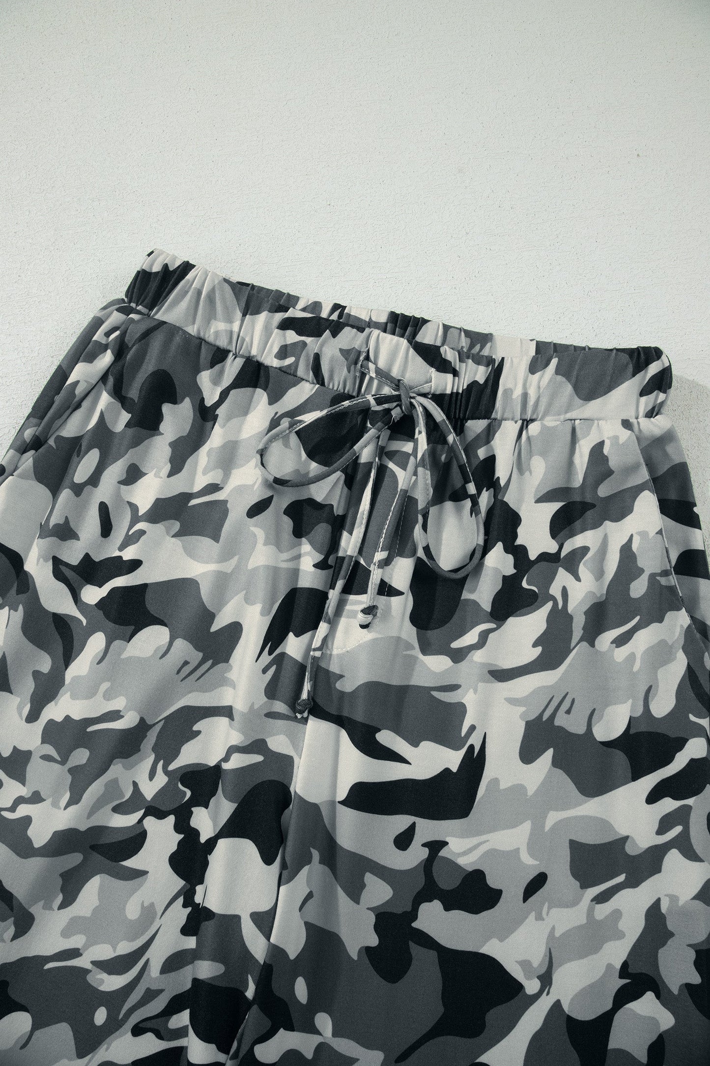 Camo Drawstring High Waist Wide Leg Pants