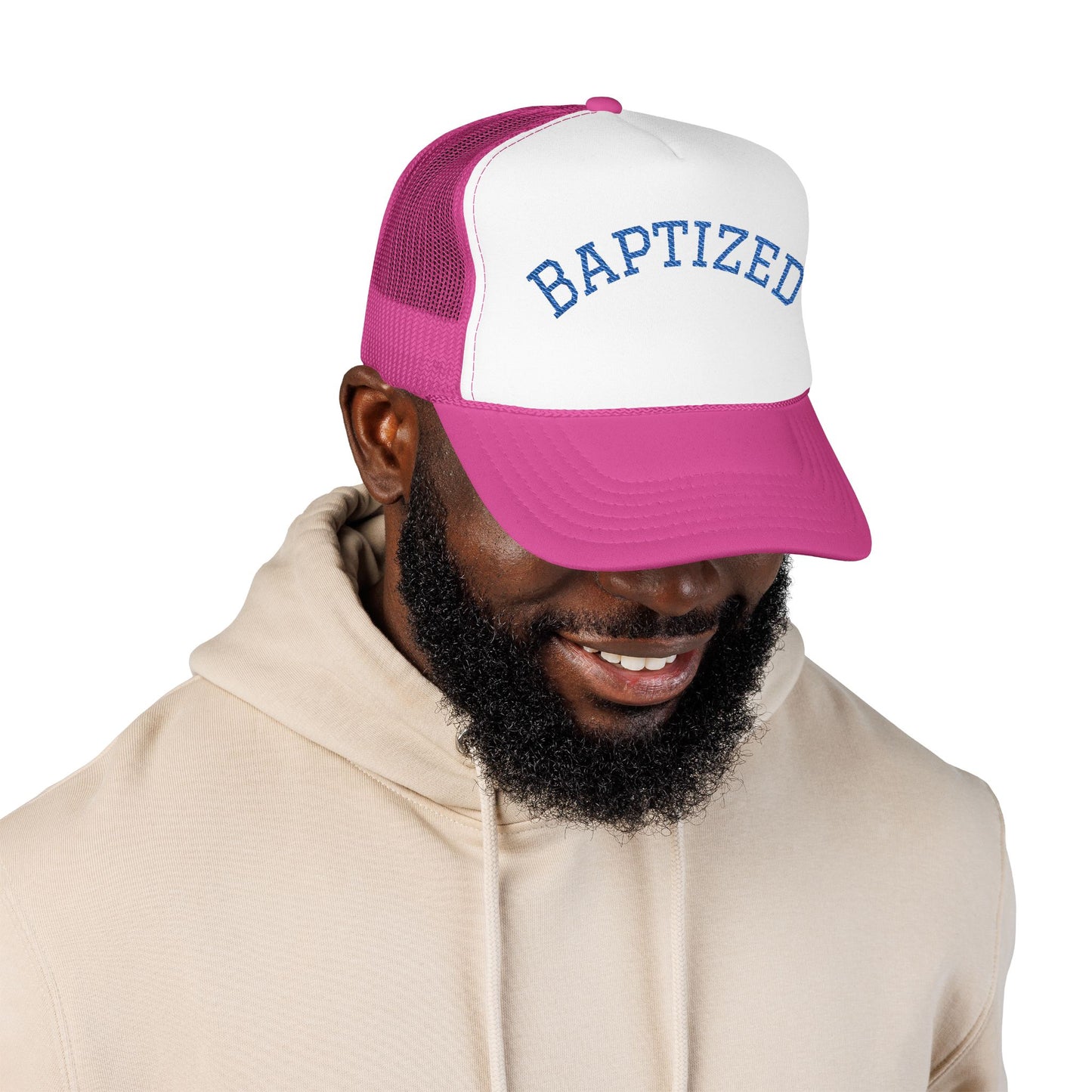 Baptized Foam Trucker Hat - Embroidered Faith Cap for Baptism & Church Celebrations