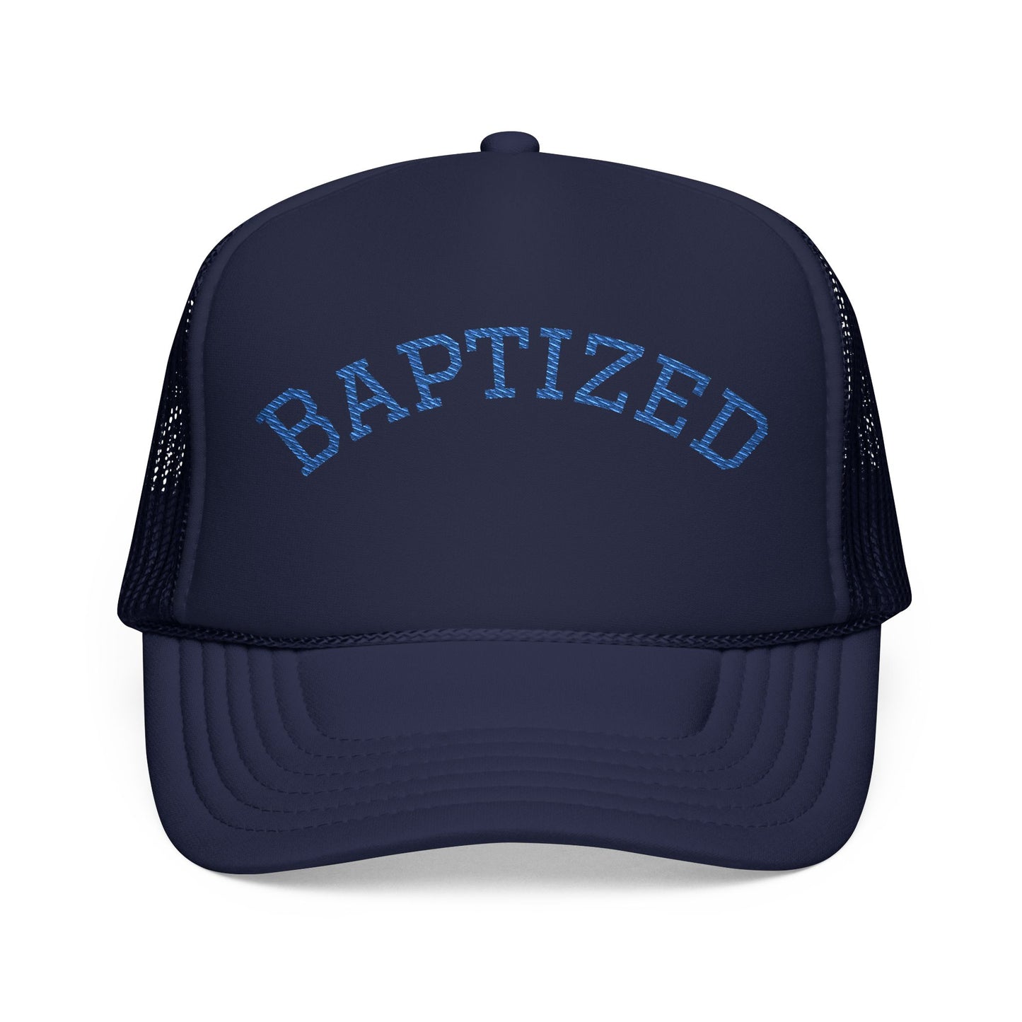 Baptized Foam Trucker Hat — Navy Christian Faith Baseball Cap