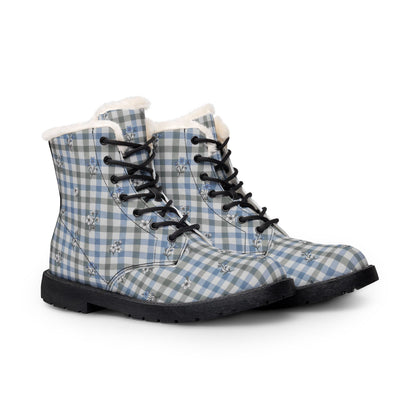 Plaid Fur-Lined Leather Boots — Women's Cozy Blue Check Winter Boots