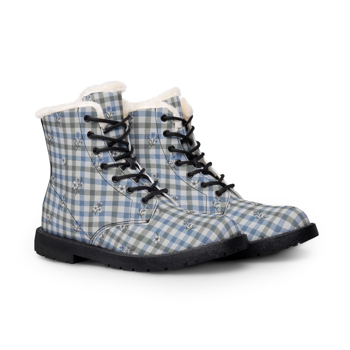 Plaid Fur-Lined Leather Boots — Women's Cozy Blue Check Winter Boots