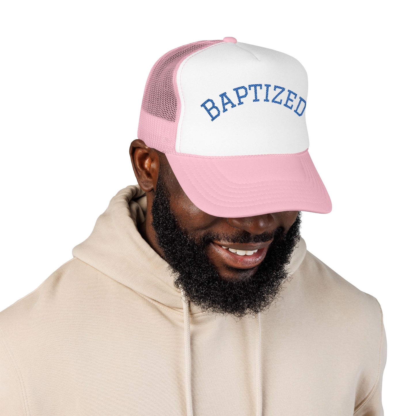 Baptized Foam Trucker Hat - Embroidered Faith Cap for Baptism & Church Celebrations