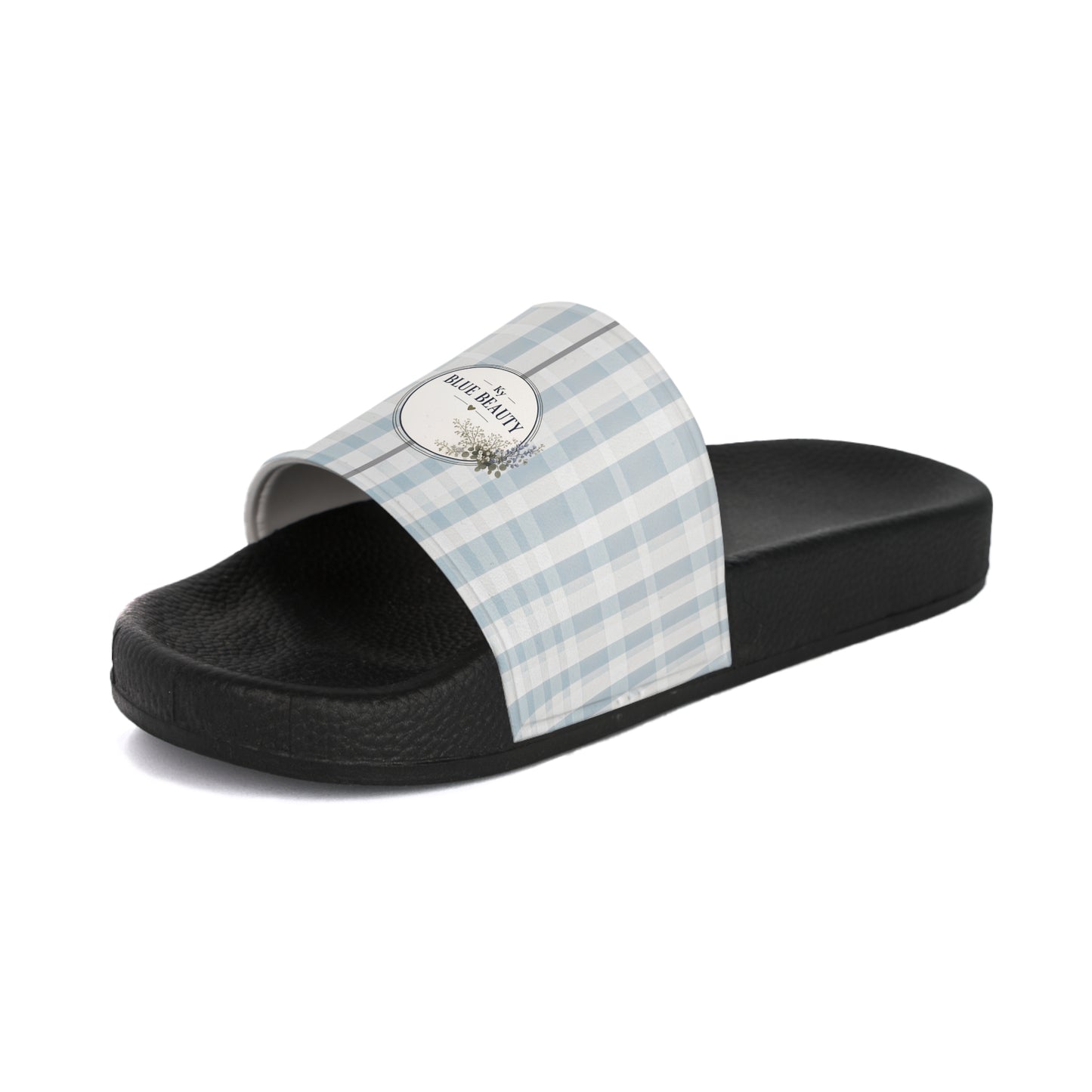 Slide Sandals — Blue Gingham Logo Women’s Pool Slides
