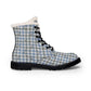 Plaid Fur-Lined Leather Boots — Women's Cozy Blue Check Winter Boots