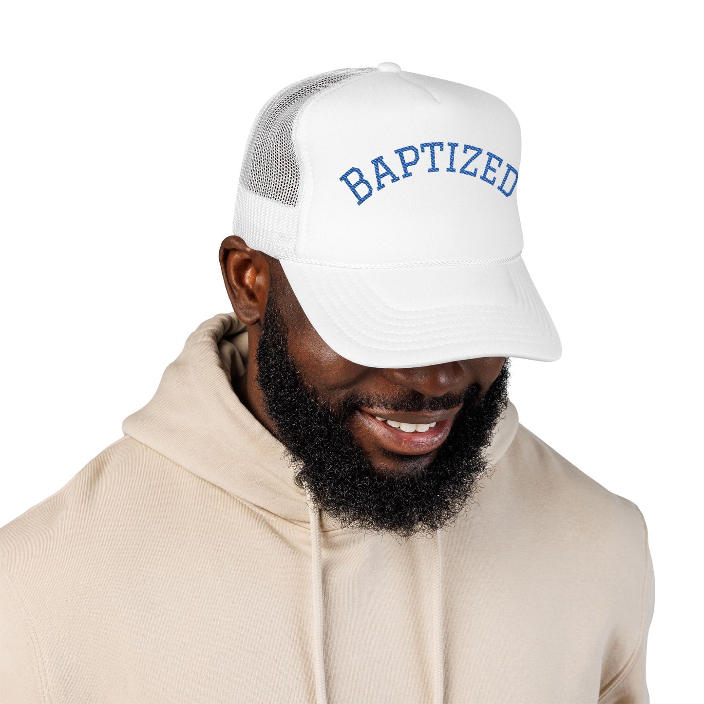 Baptized Foam Trucker Hat — Navy Mesh Christian Cap