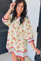 Floral Stripe Trim 3/4 Puff Sleeve Dress