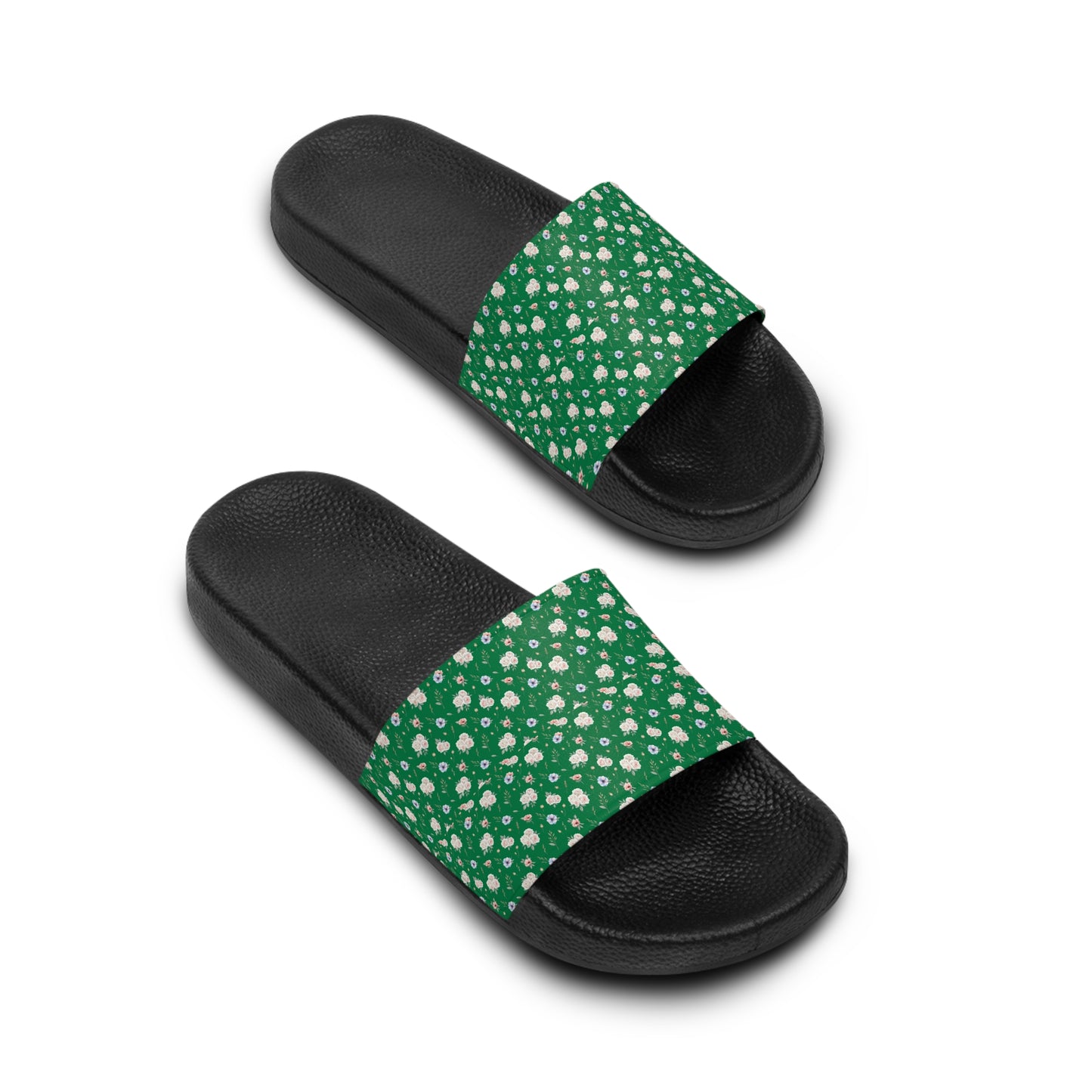 Green Daisy Pattern Women's Slide Sandals — Floral Summer Pool Slides