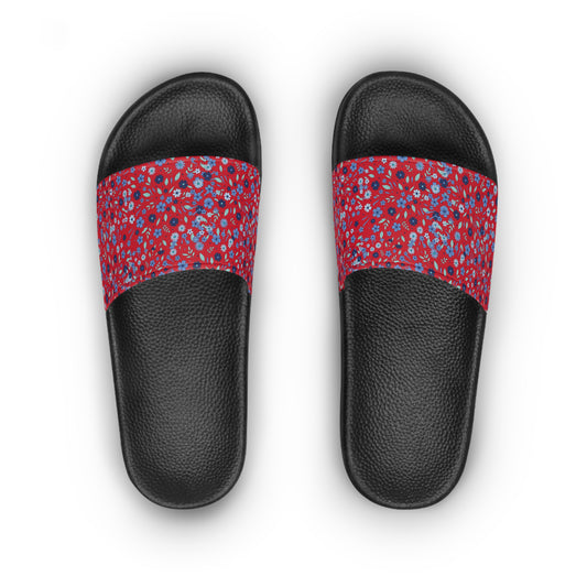 Women's Floral Red Slide Sandals – Comfortable Pool & Casual Summer Slides
