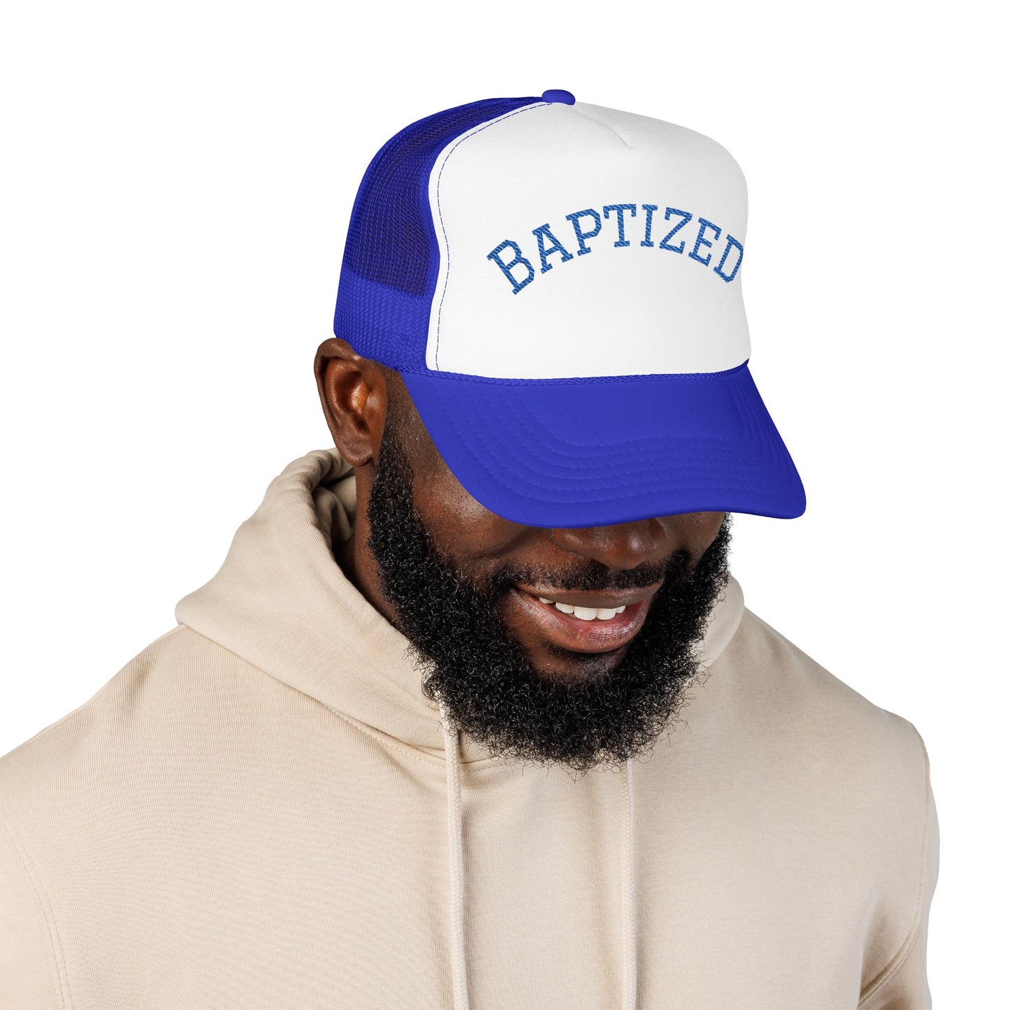 Baptized Foam Trucker Hat — Navy Christian Faith Baseball Cap