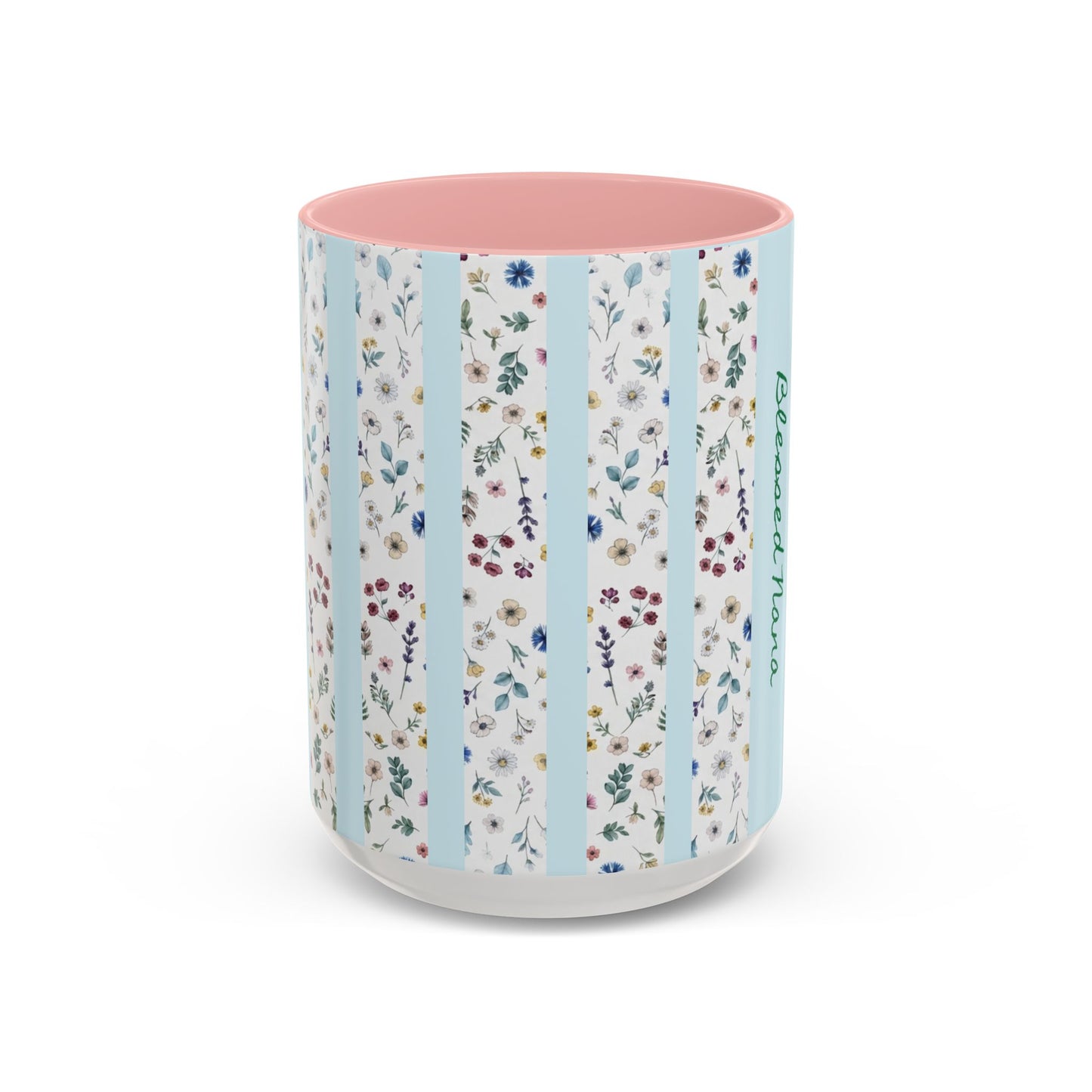 Blessed Nana Floral Accent Coffee Mug — Blue Striped 11/15oz