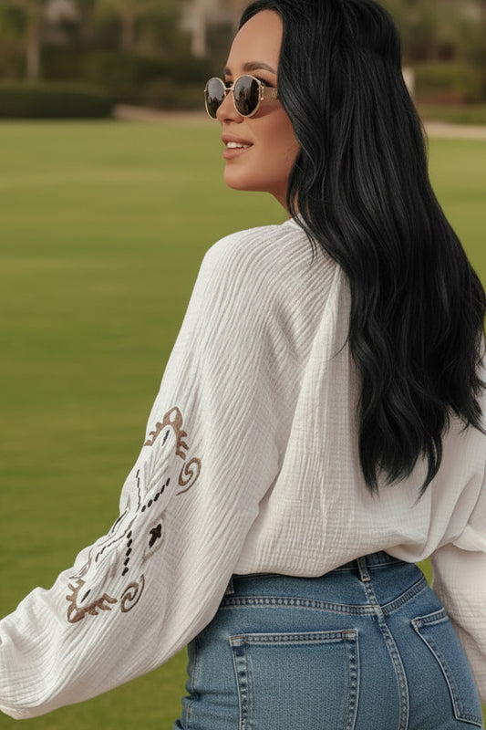 White Embroidered Textured Buttoned Crew Neck Shirt