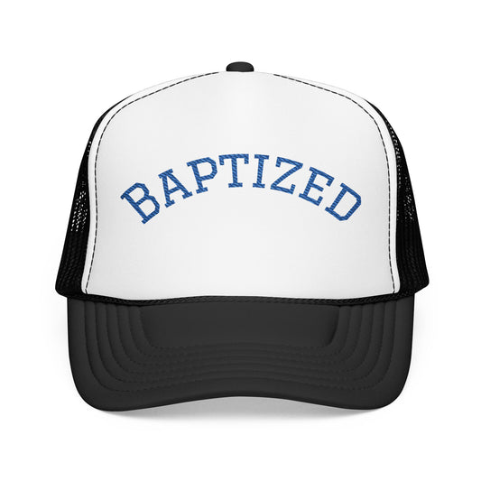 Baptized Foam Trucker Hat — Navy Mesh Christian Cap