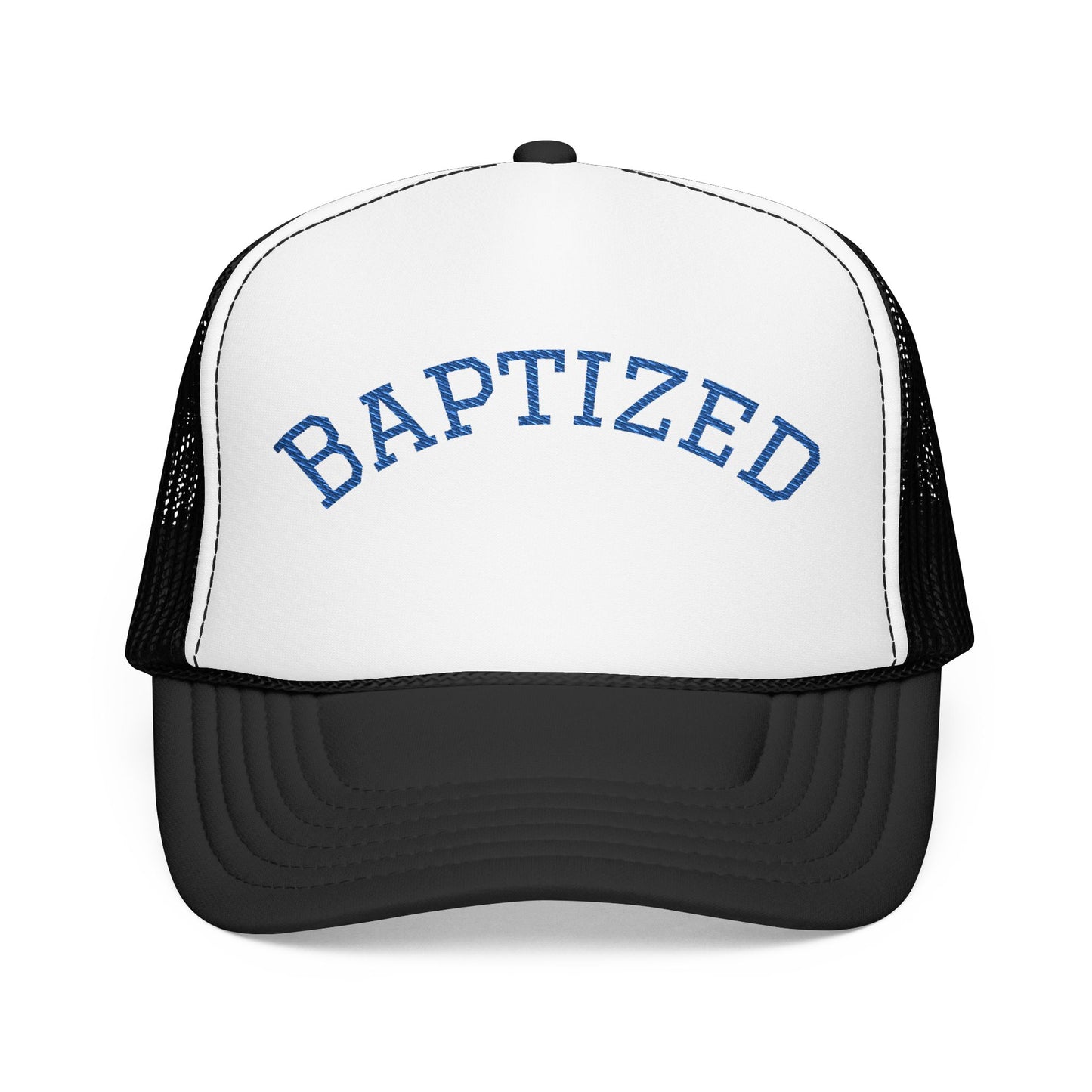 Baptized Foam Trucker Hat — Navy Mesh Christian Cap