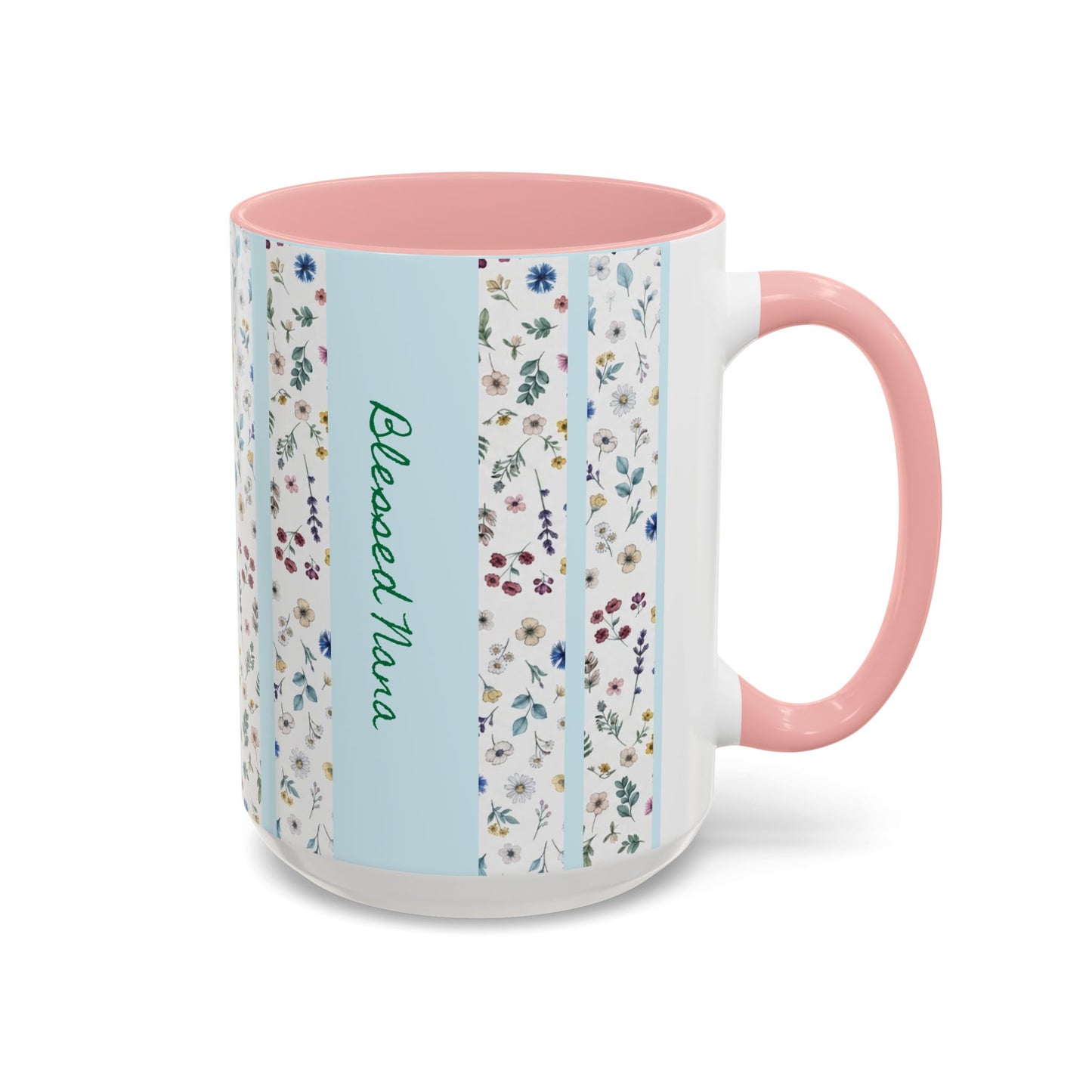 Blessed Nana Floral Accent Coffee Mug — Blue Striped 11/15oz