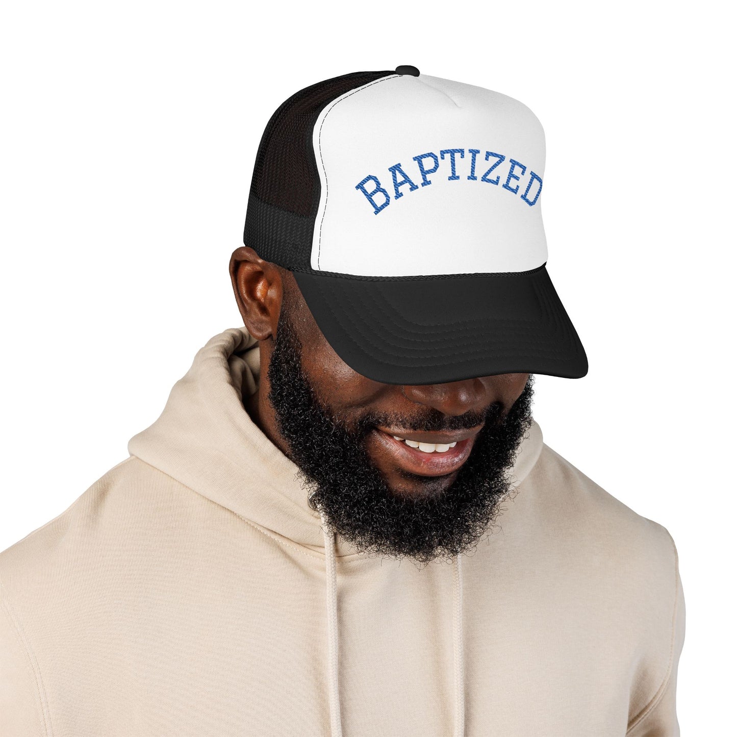 Baptized Foam Trucker Hat - Embroidered Faith Cap for Baptism & Church Celebrations