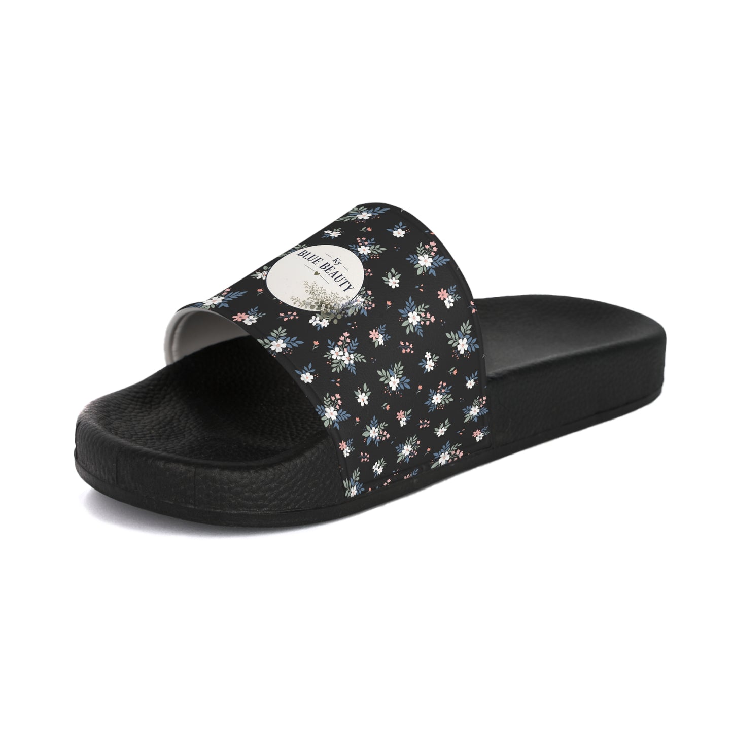 Floral Black Slide Sandals — LOGO Accent