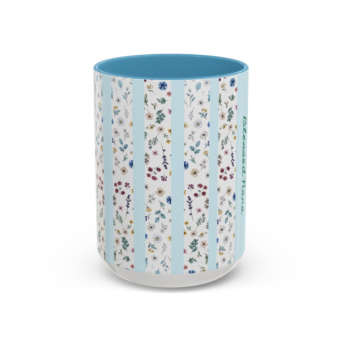 Blessed Nana Floral Accent Coffee Mug — Blue Striped 11/15oz