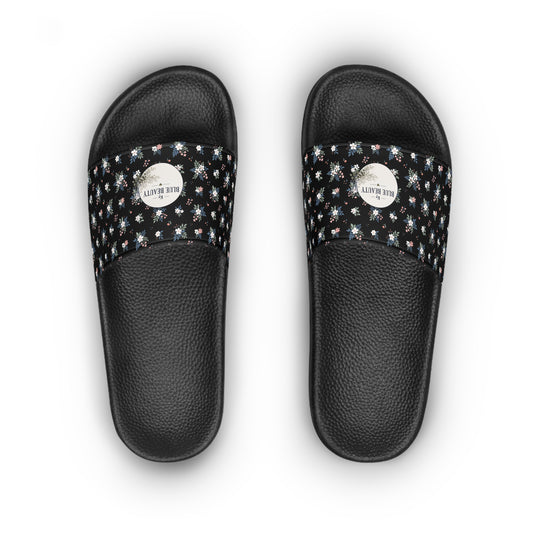 Floral Black Slide Sandals — LOGO Accent