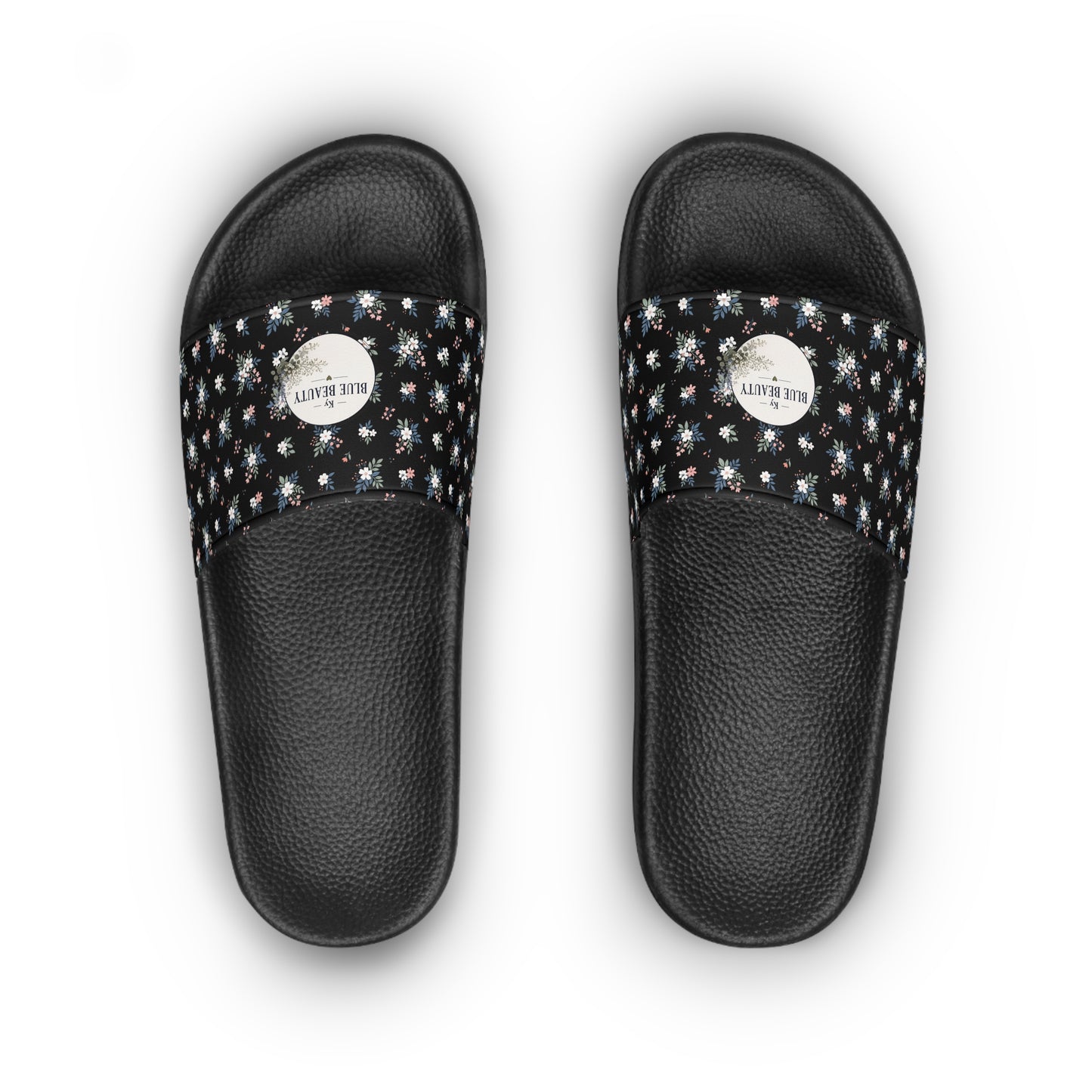 Floral Black Slide Sandals — LOGO Accent