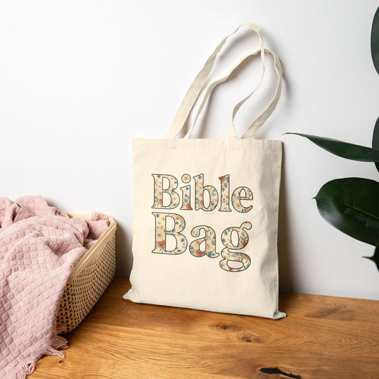 Bible Bag Cotton Canvas Tote — Floral Lettering Book Tote for Church & Everyday Use