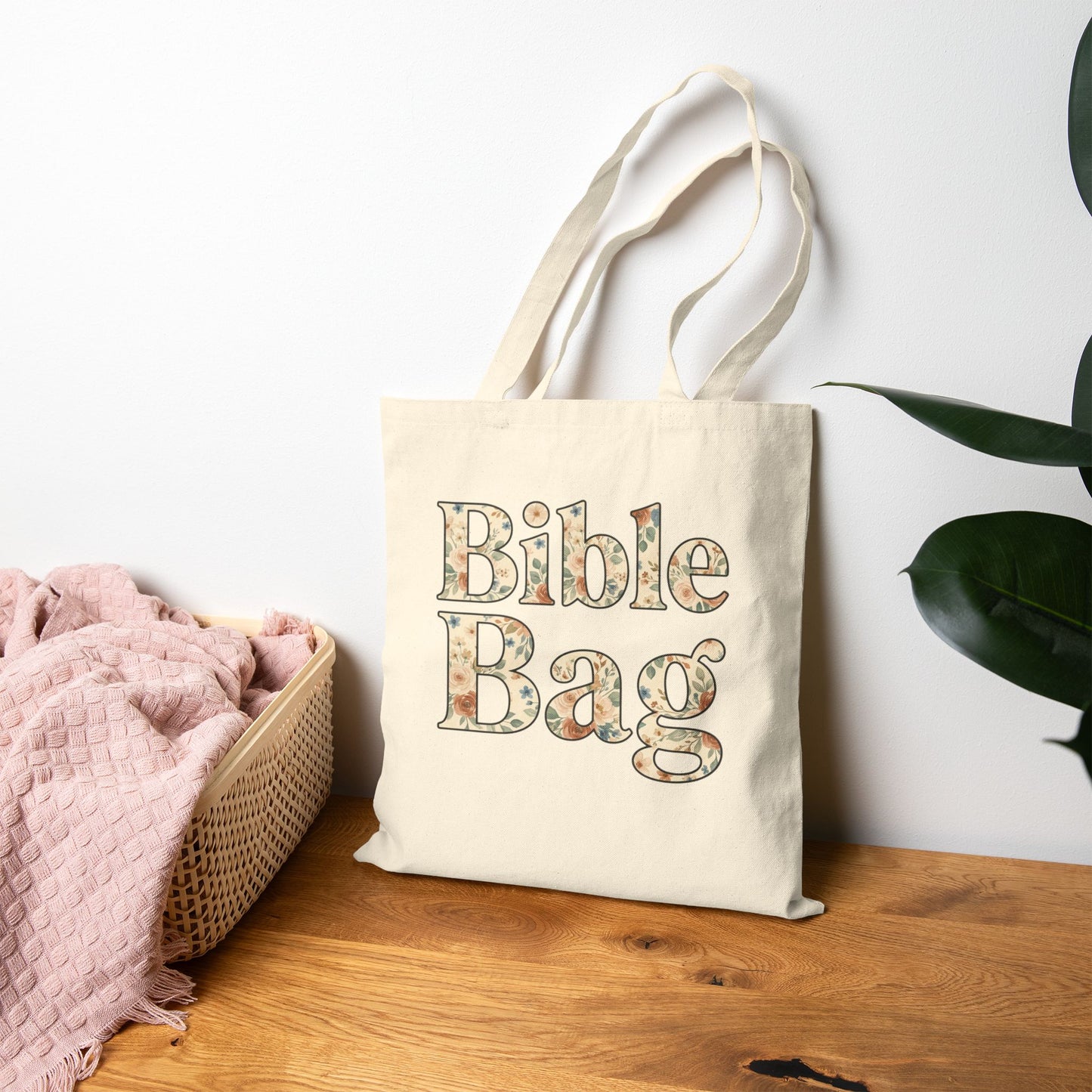 Bible Bag Cotton Canvas Tote — Floral Lettering Book Tote for Church & Everyday Use