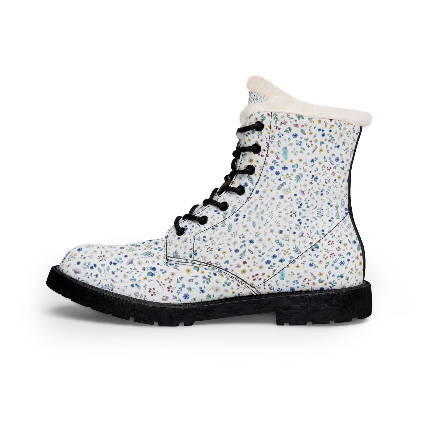 Floral Fur-Lined Leather Boots — Women's Cozy Winter Lace-Up Boots